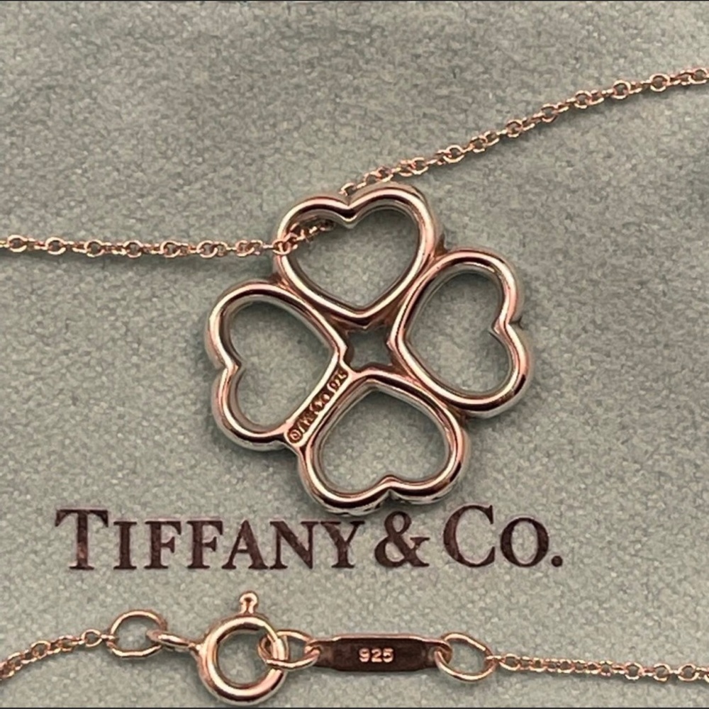 🌟2XHP🌟Auth Rare Tiffany & Co. Four Heart Clover Pendant Necklace 16” inch chain - Picture 5 of 6